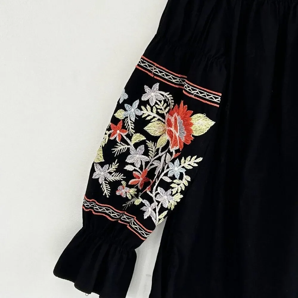 Free People Fleur Du Jour Mini Dress XS Black Floral Embroidered Off Shoulder